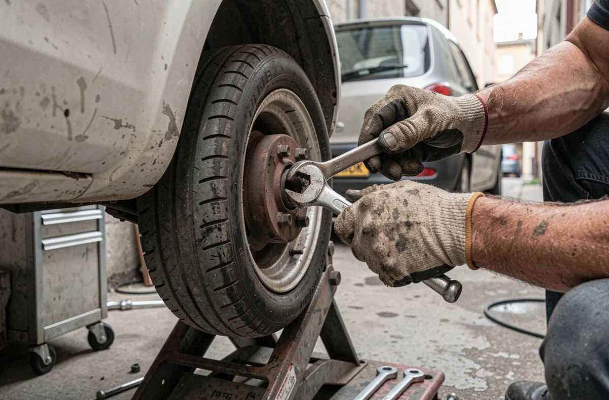 Gros plan sur la réparation du système de freinage d'une voiture sans permis soulevée en atelier