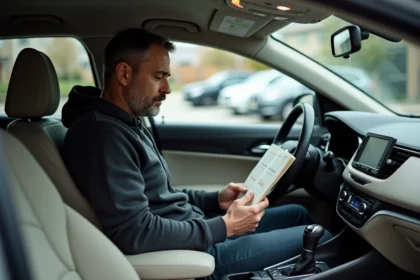 Homme consultant le manuel du propriétaire pour retrouver le code de son autoradio dans son véhicule