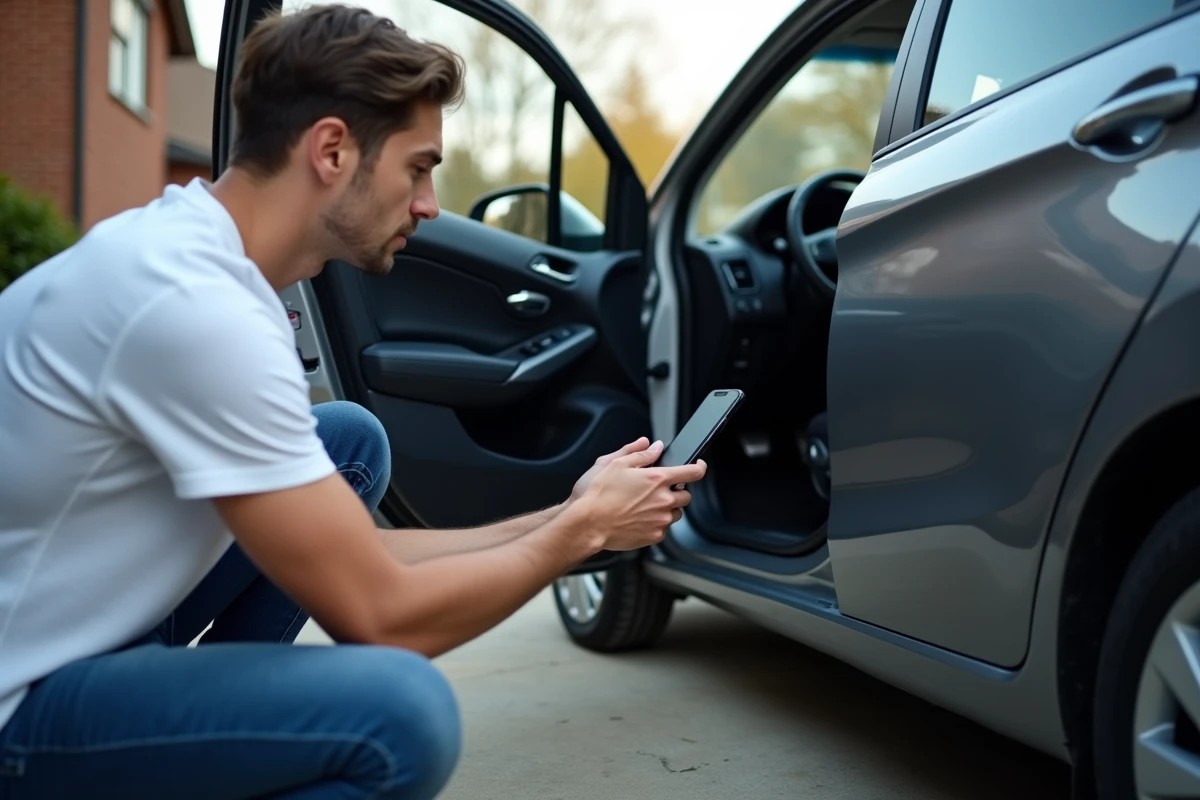 Homme photographiant le numéro VIN de sa voiture avec son smartphone pour récupérer le code autoradio