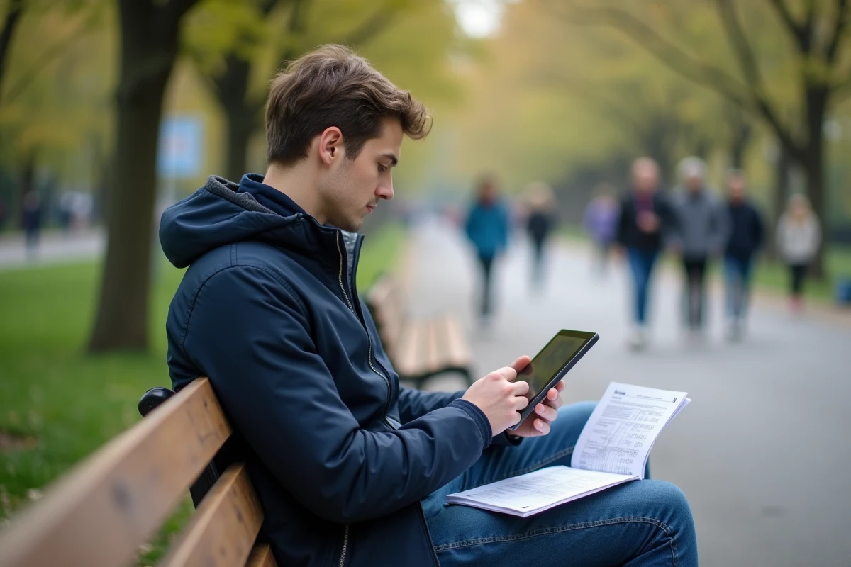Jeune homme révisant les questions du permis de conduire sur une tablette dans un parc urbain avec une fiche récapitulative imprimée