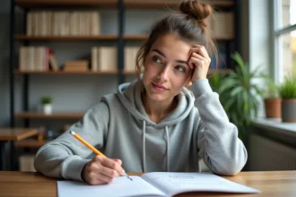 Jeune femme révisant les questions du code de la route à son bureau avec un livret de cours