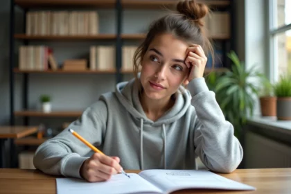 Jeune femme révisant les questions du code de la route à son bureau avec un livret de cours