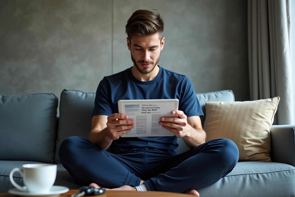 Jeune homme consultant un PDF de révision du code de la route sur tablette dans son appartement la veille du permis