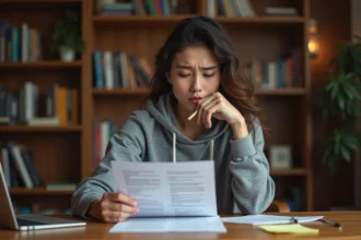 Jeune femme révisant un document PDF imprimé la veille de l'examen du permis de conduire à son bureau
