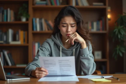 Jeune femme révisant un document PDF imprimé la veille de l'examen du permis de conduire à son bureau