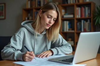 Jeune femme révisant les questions du permis de conduire 2026 sur des documents PDF imprimés et un ordinateur portable, à son bureau à domicile