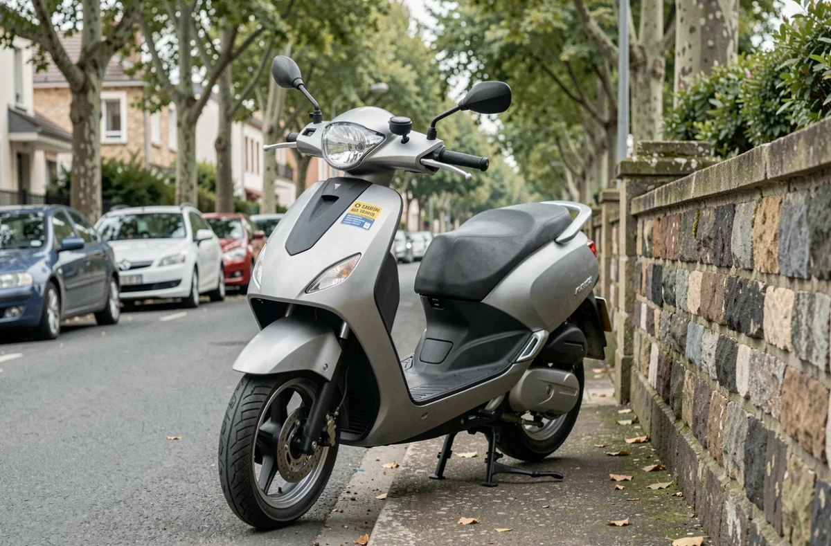 Scooter urbain stationné avec antivol visible et attestation d'assurance dans la rue