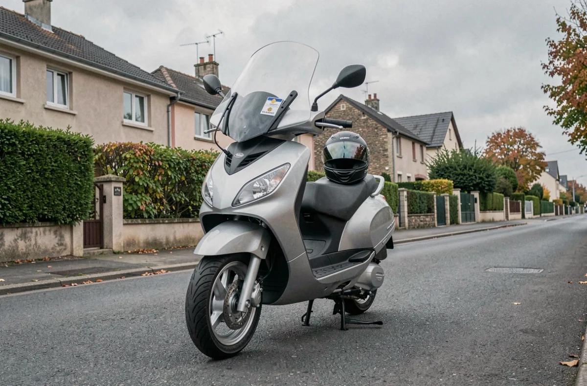Scooter assuré garé dans une rue résidentielle française avec casque et vignette d'assurance