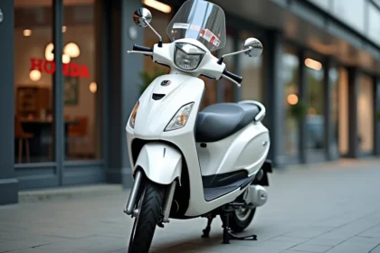 Scooter Honda 125 neuf garé devant une concession avec étiquette de prix visible