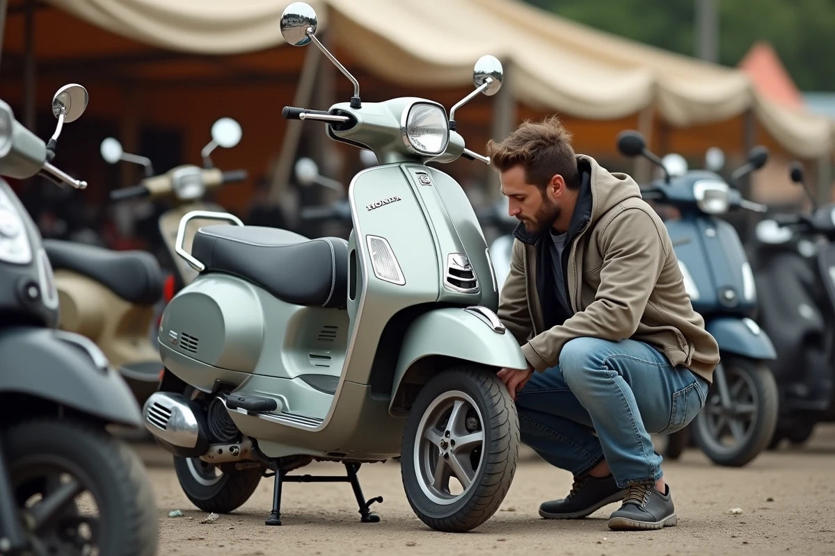 Homme inspectant un scooter Honda 125 d'occasion dans un marché de véhicules d'occasion