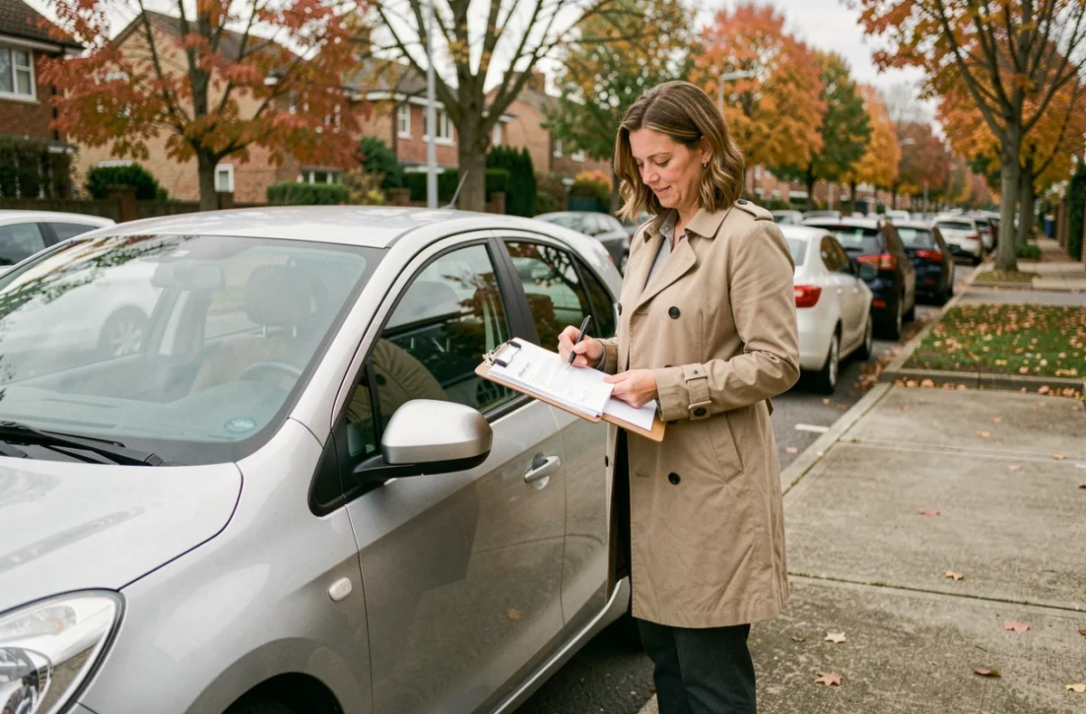 Femme signant les documents de vente de véhicule avec carte grise à côté d'une voiture