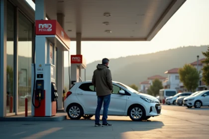 Homme vérifiant les prix du carburant à une station service moderne