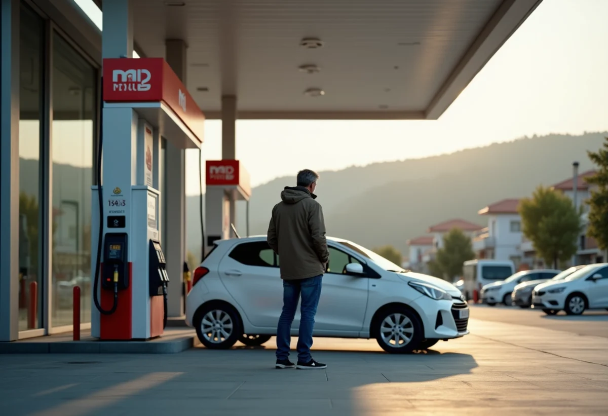 Homme vérifiant les prix du carburant à une station service moderne