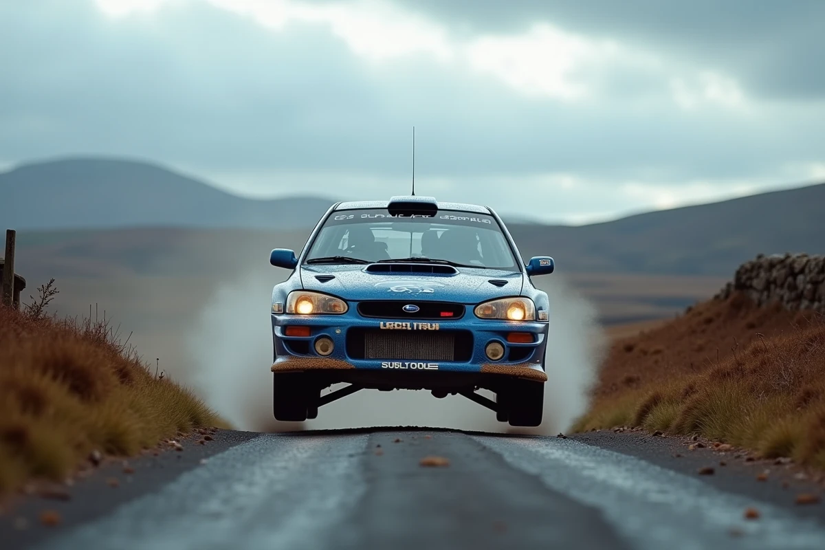 Subaru Impreza 555 en saut sur une crête tarmac lors d'un rallye écossais, Highland en arrière-plan sous un ciel nuageux dramatique
