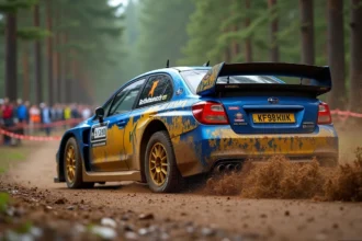 Subaru Impreza WRC en plein virage sur une spéciale forestière, gravier projeté et livrée bleue et or emblématique couverte de boue