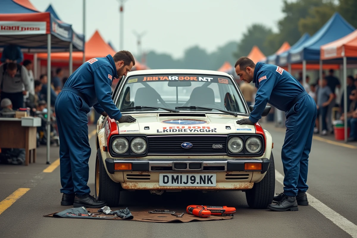 Subaru Legacy RS dans un parc d'assistance lors d'un rallye historique, mécaniciens au travail sur le moteur en livrée d'époque