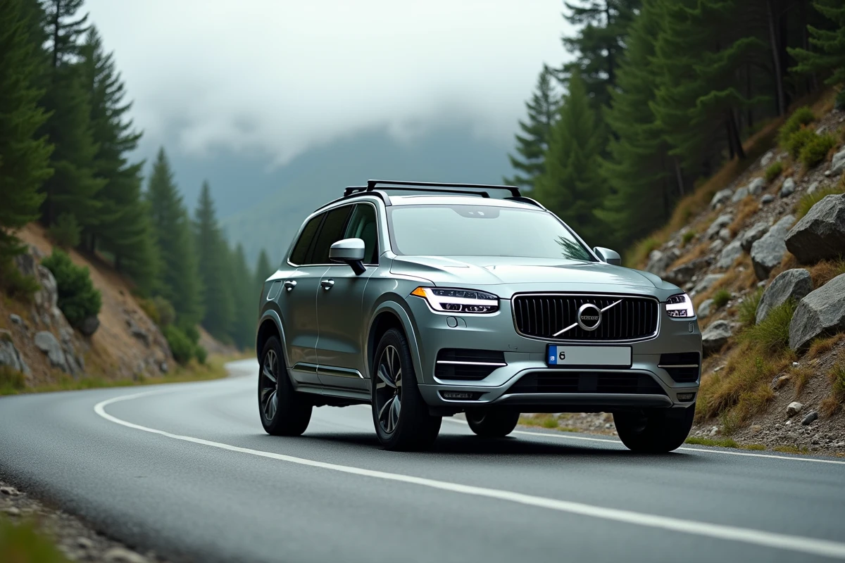 SUV de marque commençant par C sur une route de montagne sinueuse entourée de forêts de pins, vue angle large basse mettant en valeur la robustesse du véhicule