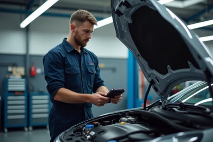 Mécanicien homme examinant le moteur d'une Peugeot 208 GTi