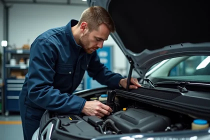 Technicien automobile connectant un outil de diagnostic OBD à une Renault pour reprogrammation moteur en atelier