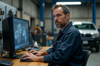 Technicien de garage indépendant consultant le logiciel Dialogys sur ordinateur pour identifier des pièces automobiles
