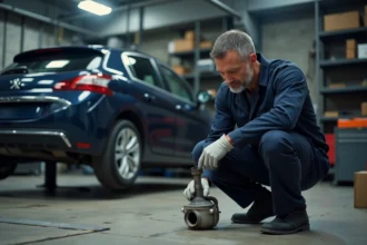 Technicien automobile inspectant un filtre à particules Peugeot sous un véhicule surélevé dans un garage professionnel