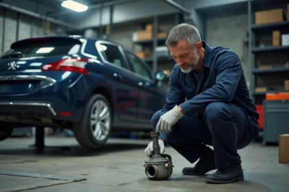 Technicien automobile inspectant un filtre à particules Peugeot sous un véhicule surélevé dans un garage professionnel