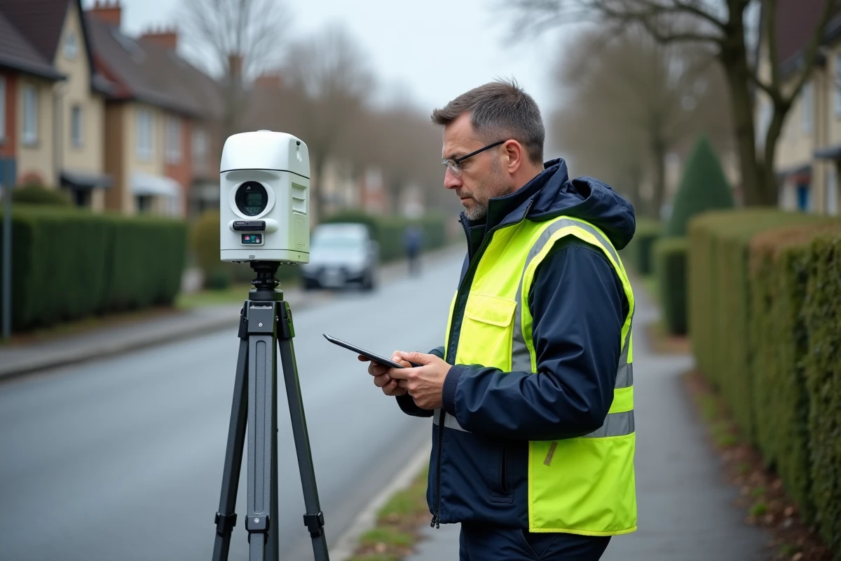 Technicien de contrôle routier vérifiant un radar de vitesse au bord d'une route suburbaine française