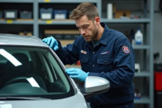 Technicien de remplacement de pare-brise installant un vitrage automobile en atelier professionnel pour une prise en charge assurance auto