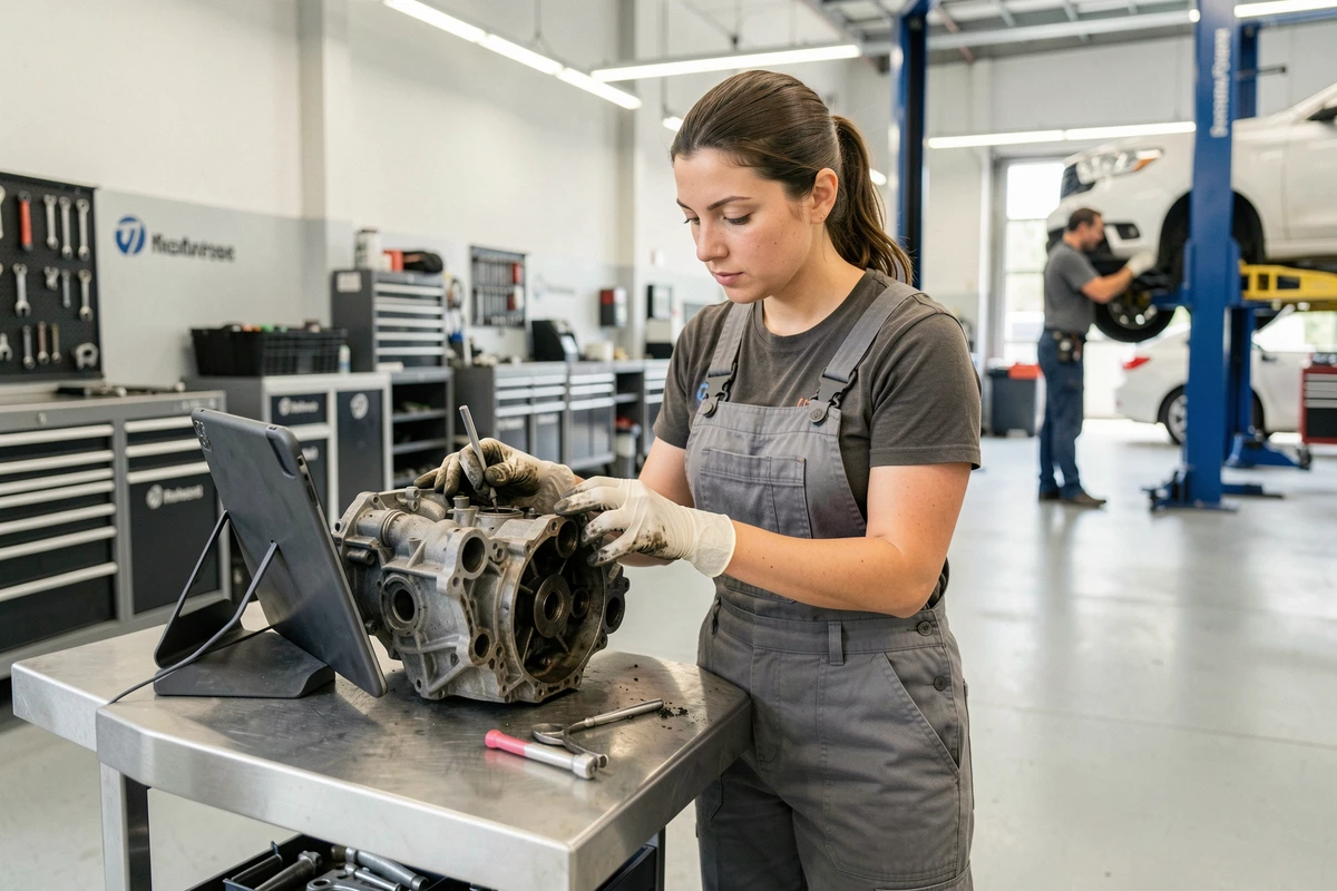 Technicienne automobile analysant une pièce moteur avec des outils professionnels dans un centre de service moderne, soulignant le lien entre équipement adapté et efficacité au travail