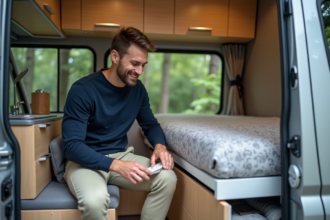 Homme dans un van aménagé organise ses espaces intérieurs