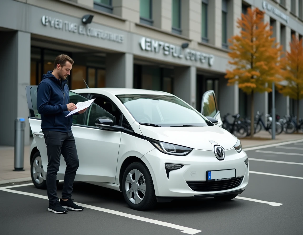 Homme avec sa voiture électrique devant une préfecture pour obtenir une réduction sur sa carte grise