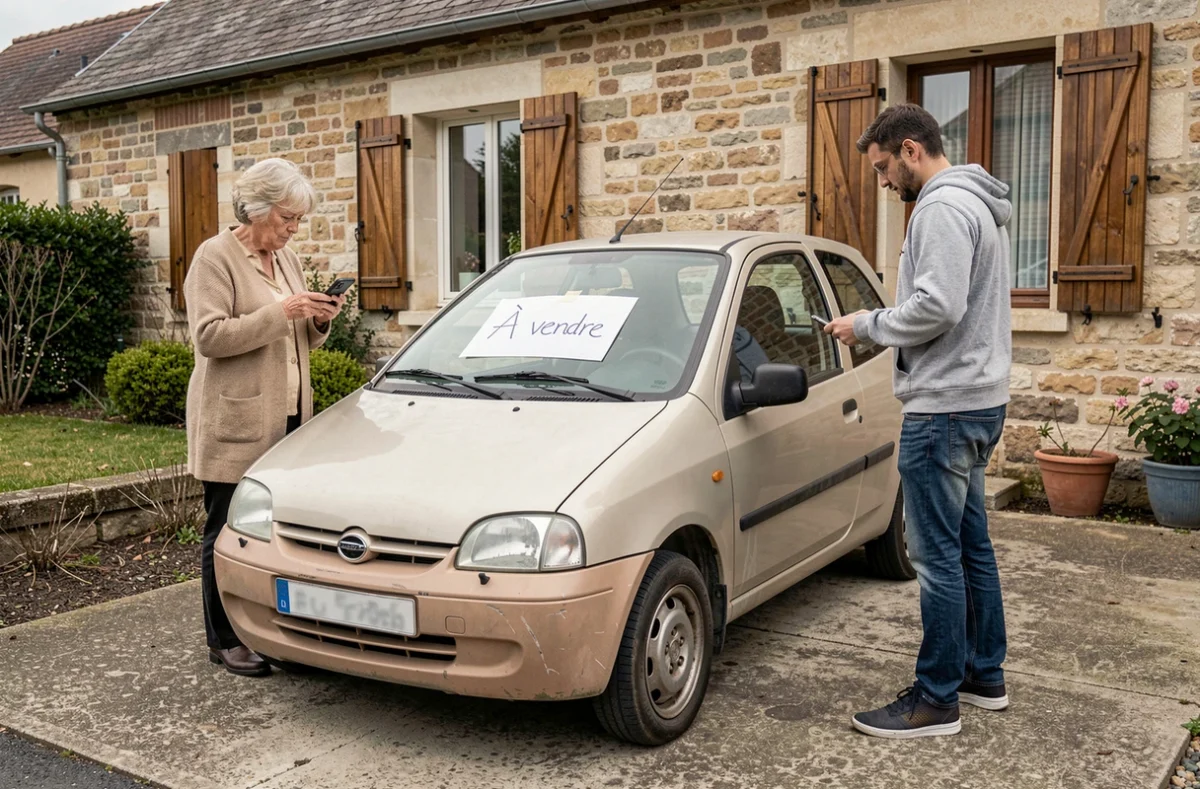 Vente de voiture sans permis d'occasion entre particuliers devant une maison