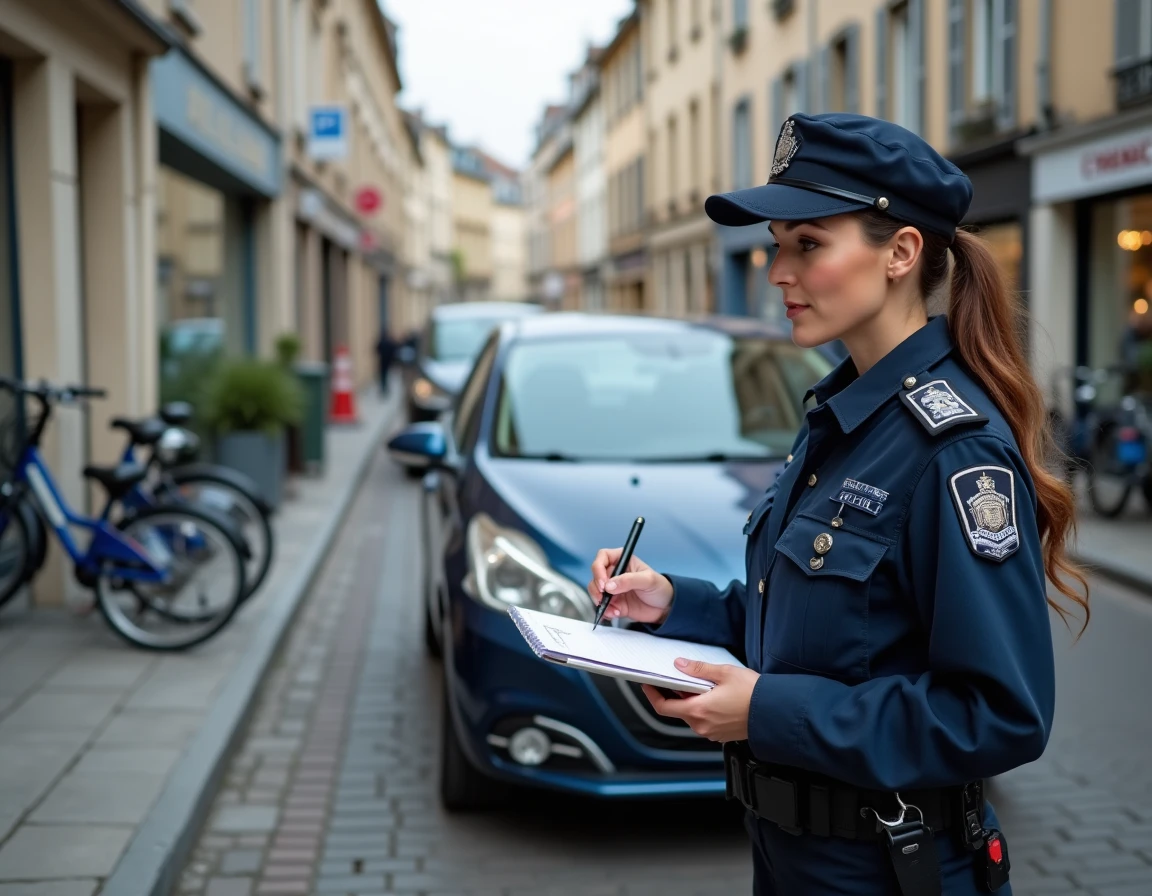 Policière municipale verbalisant un véhicule sans vignette Crit'Air à Rennes