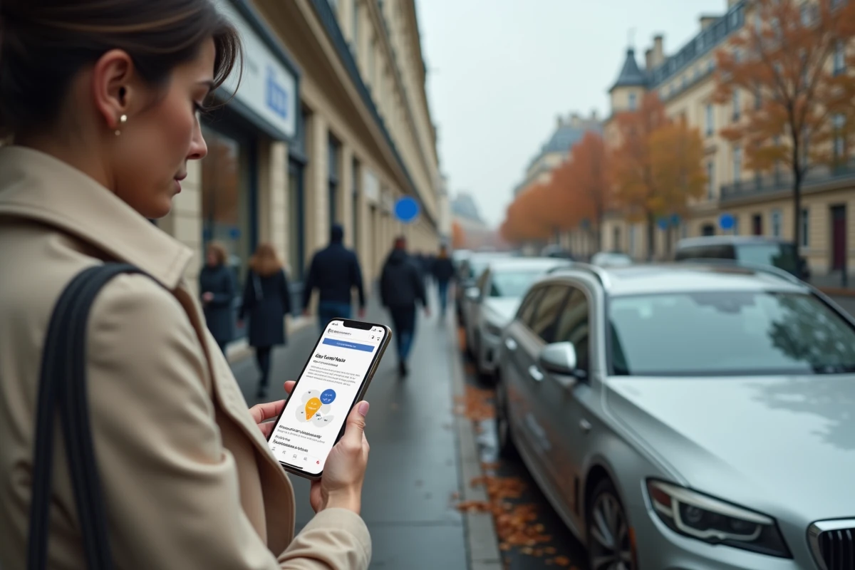 Femme vérifiant le classement Crit'Air de sa voiture sur smartphone devant un boulevard parisien avec vignette visible