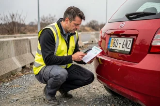 Homme en gilet haute visibilité vérifiant l'homologation d'un véhicule V16 avec un document officiel au bord de la route