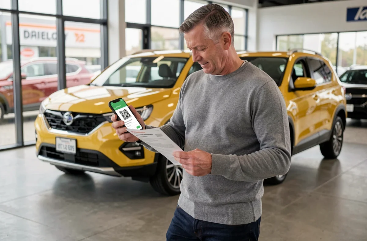 Client en concession automobile vérifiant l'homologation V16 d'un véhicule via un QR code scanné sur smartphone