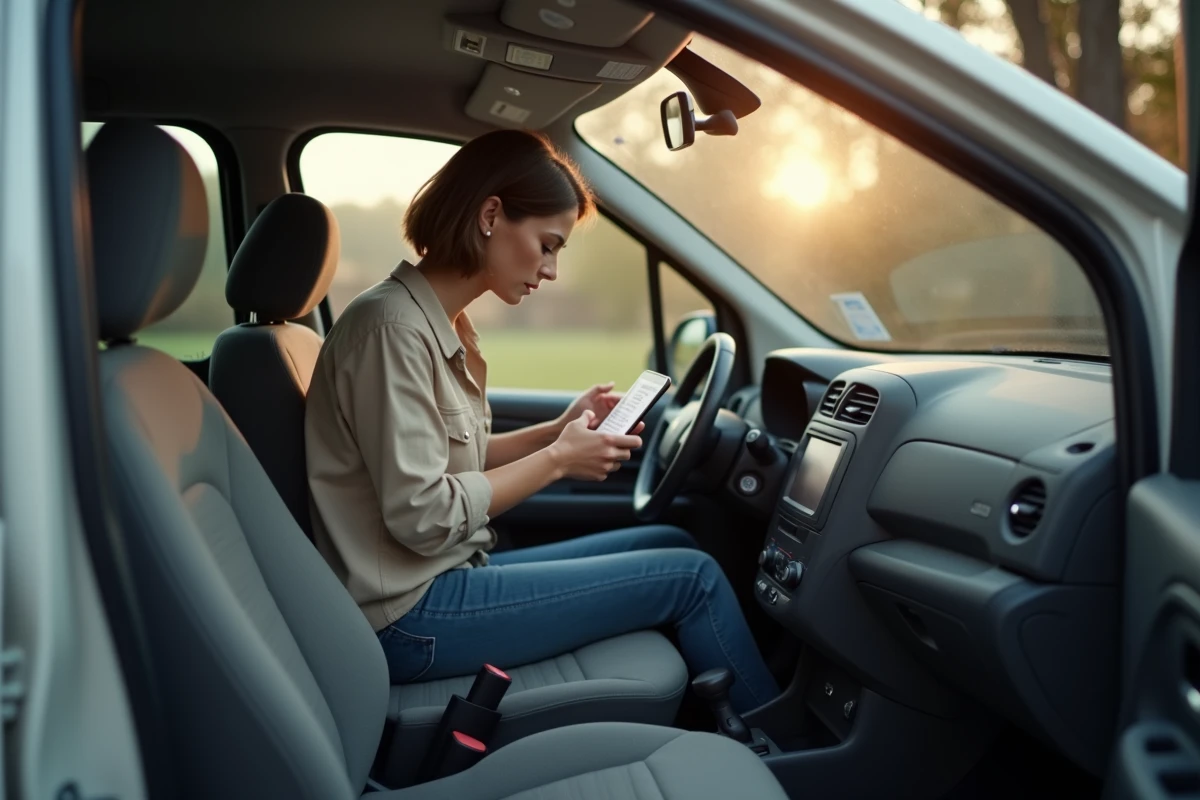 Femme vérifiant l'intérieur et le tableau de bord d'un Peugeot Partner Tepee d'occasion, contrôle de l'état avant achat avec une liste sur smartphone