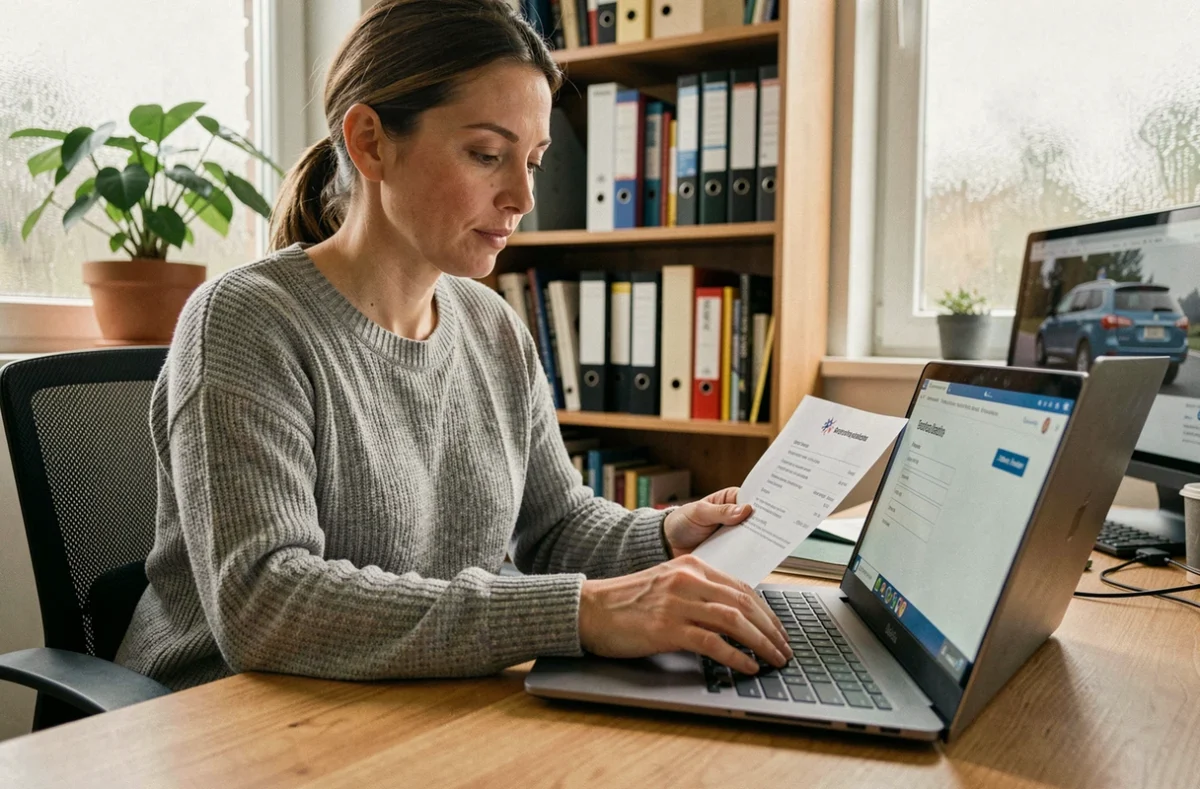 Femme vérifiant la légalité d'un véhicule étranger sur un site de contrôle d'immatriculation depuis un bureau à domicile