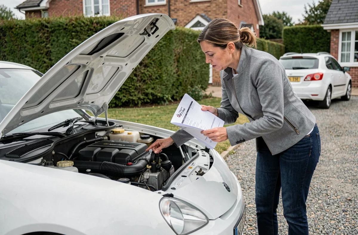 Femme vérifiant le compartiment moteur d'un kit car Saxo d'occasion avec une liste de contrôle lors d'une inspection avant achat