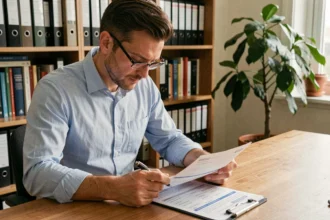 Homme consultant un document officiel de vérification de permis de conduire à son bureau à domicile