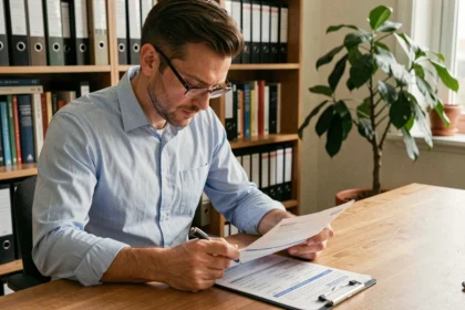 Homme consultant un document officiel de vérification de permis de conduire à son bureau à domicile