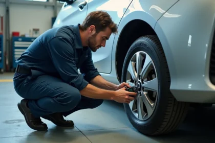 Technicien automobile vérifiant la pression des pneus d'une Toyota Yaris Hybride avec un manomètre numérique dans un garage