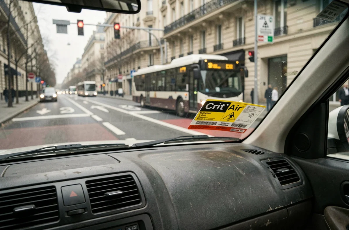 Vignette Crit'Air collée sur le pare-brise d'un diesel avec vue sur un boulevard parisien et une caméra de contrôle ZFE en arrière-plan