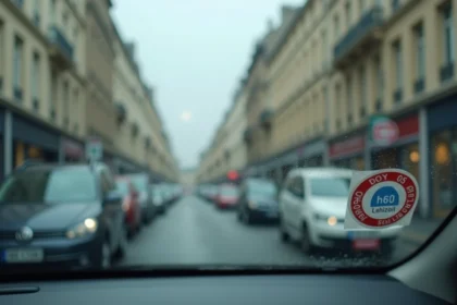 Vignette Crit'Air collée sur le pare-brise d'une voiture en environnement urbain, montrant le classement officiel de pollution du véhicule