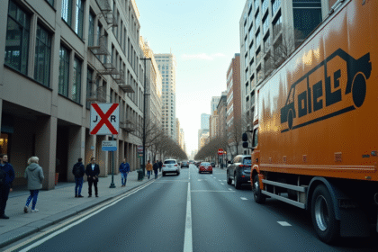 Rue urbaine moderne avec panneau diesel interdit et véhicules diesel