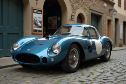 Voiture de course Alpin vintage bleu métallisé avec badge logo triangulaire sur le capot, garée sur pavés anciens devant un garage en pierre