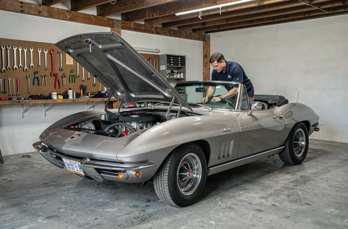 Voiture ancienne des années 1970 dans un garage privé avec mécanicien, illustrant l'entretien et l'assurance collection