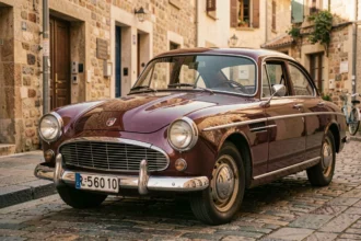 Voiture ancienne des années 1960 garée sur des pavés dans une rue de village français, idéale pour illustrer l'assurance auto collection