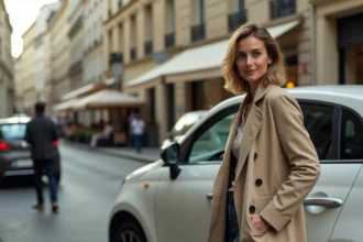 Femme à côté de la voiture la plus vendue en France dans une rue parisienne en 2026