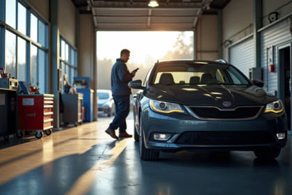 Voiture en réparation avec mécanicien et propriétaire en atelier